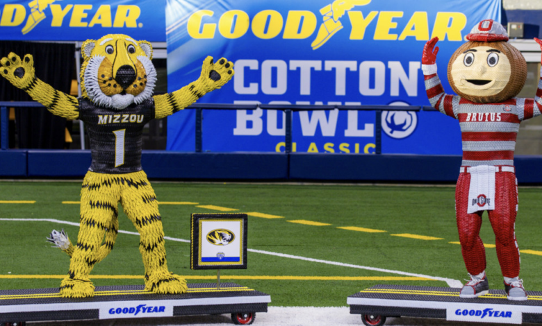 These Cotton Bowl mascots are crafted from car tires